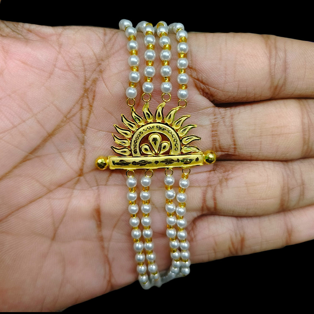 GOLD MANTASHA- (P5PSS3)-(WGT: 0.930 GM APPROX) BIS CERTIFIED HUID HALLMARK 375 9KT GOLD MOTI MANTASHA WITH PEARL CHAIN FOR WOMEN.
