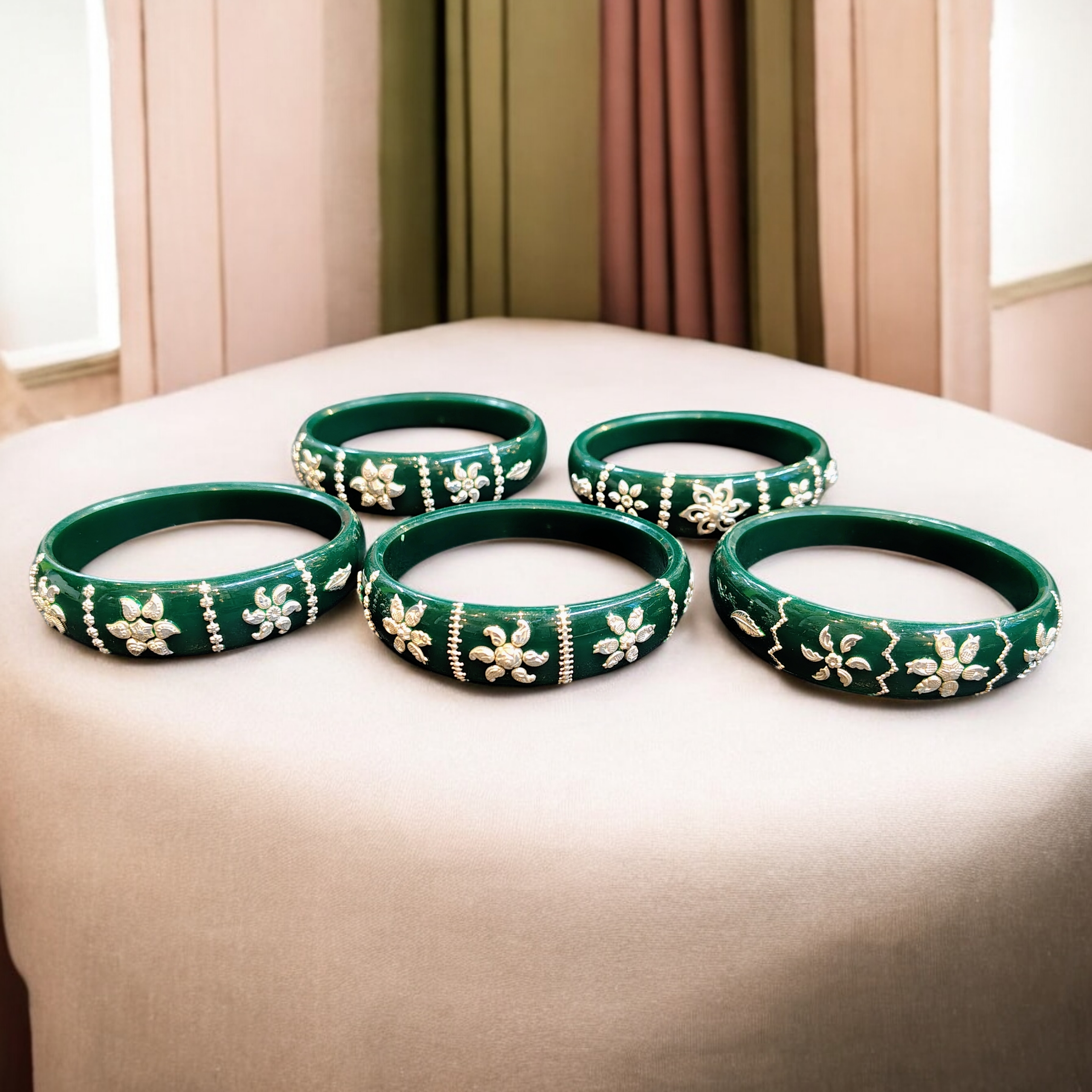 (SSP) GREEN COLOUR LASER PASTING DESIGN ORIGINAL HALLMARK 925 SILVER BRACELET POLA FOR WOMEN 1 PIECE - SOLD AS MRP BY RAJLAXMI (GET ANY DESIGN AS PER SIZE).