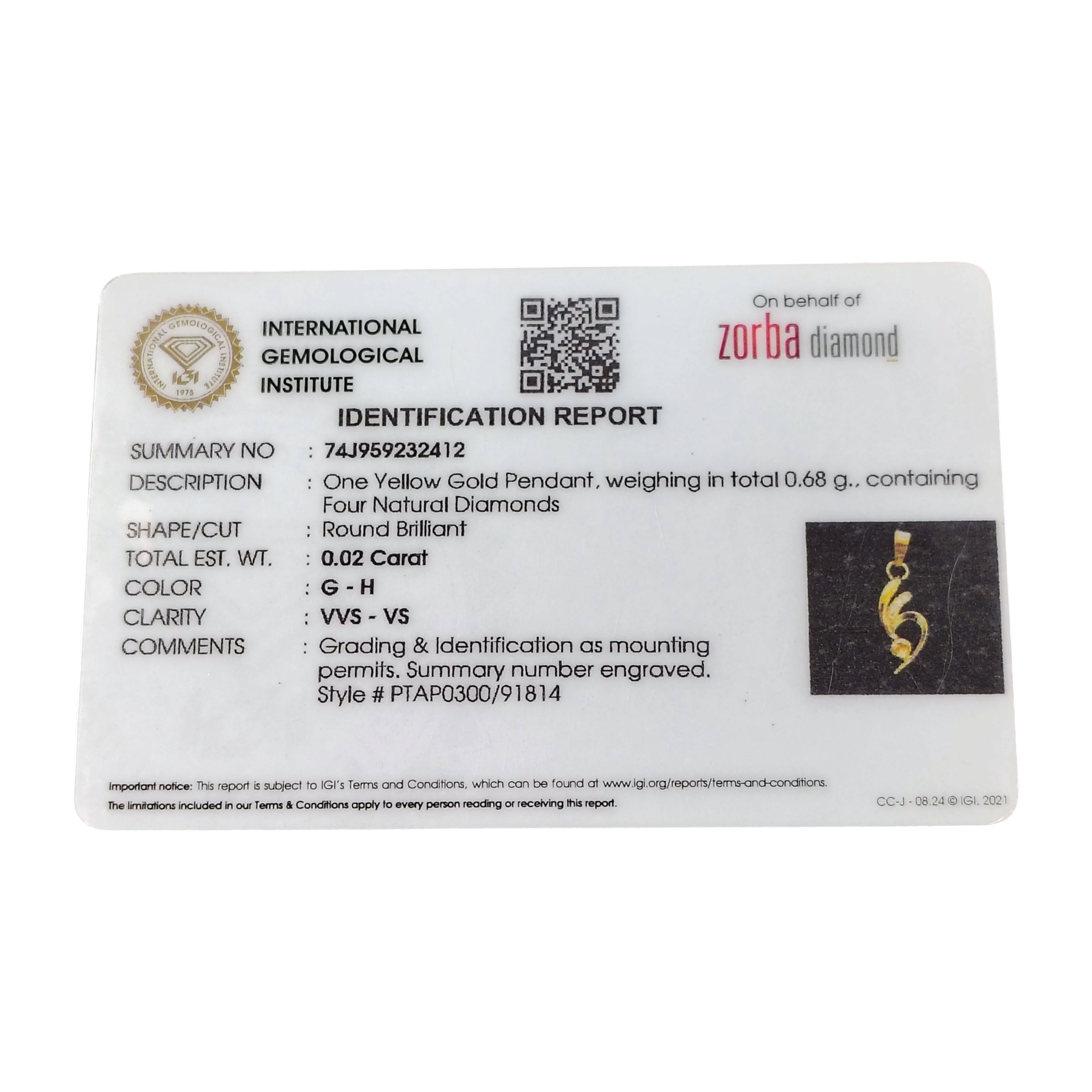 (GLC18) RAJLAXMI DIAMOND JEWELLERY - WGT: 0.680 GM - NATURAL DIAMOND (0.02 CENT) HUID HALLMARK 18KT DIAMOND PENDANT LOCKET FOR WOMEN WITH CERTIFICATE OF AUTHENTICITY BY ZORBA (DESIGN NO: PTAP0186) *CHAIN NOT INCLUDED.