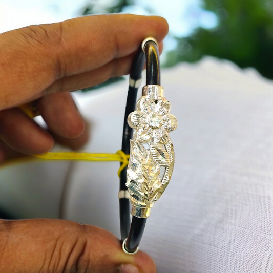 TRJ BLACK FLOWER2 DESIGN 925 ORIGINAL SILVER NOA BANGLES FOR WOMEN 1 PIECE - SOLD AS MRP BY RAJLAXMI.