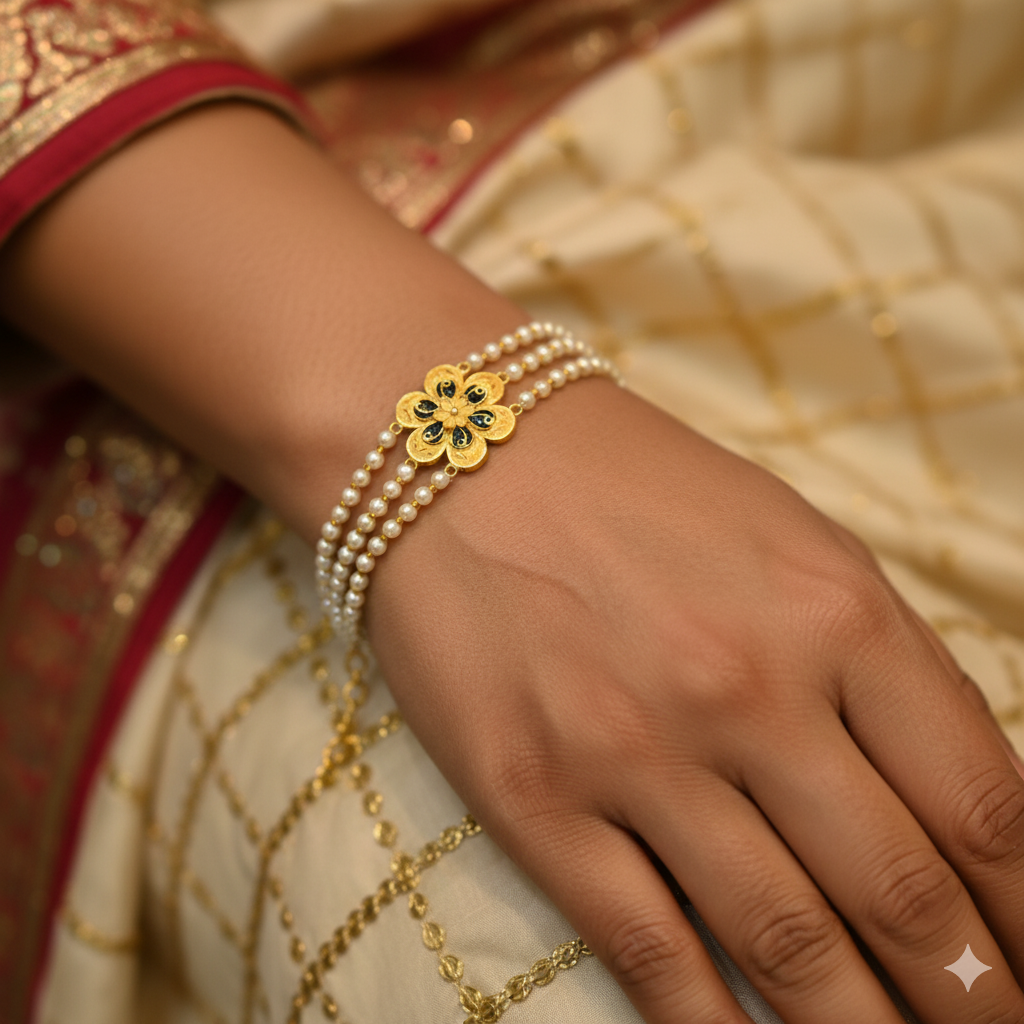 (GMW) RAJLAXMI WGT: 1.230 GM APPROX HUID HALLMARK 916 22KT GOLD MANTASHA WITH PEARL CHAIN FOR WOMEN.