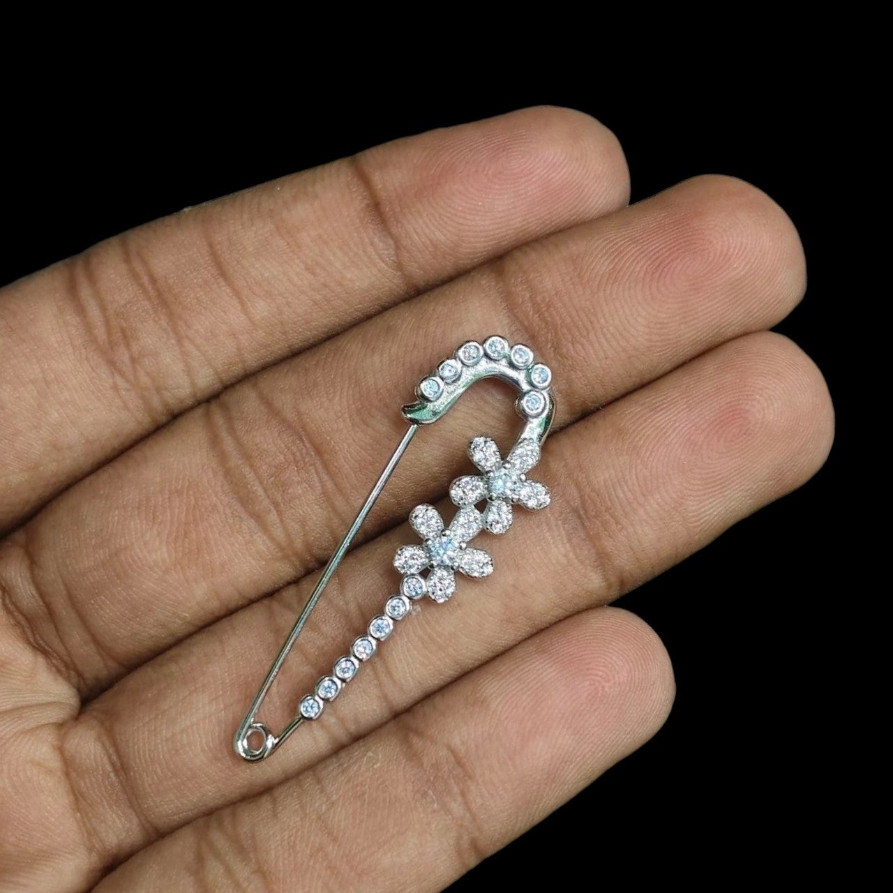 SILVER BROOCH- CERTIFIED BIS HALLMARK 925 SILVER BROOCH CEPTIPIN FOR SAREE 1 PIECE STUDDED WITH AMERICAN DIAMOND- (SOLD ON MRP) NON EXCHANGEABLE ITEM.