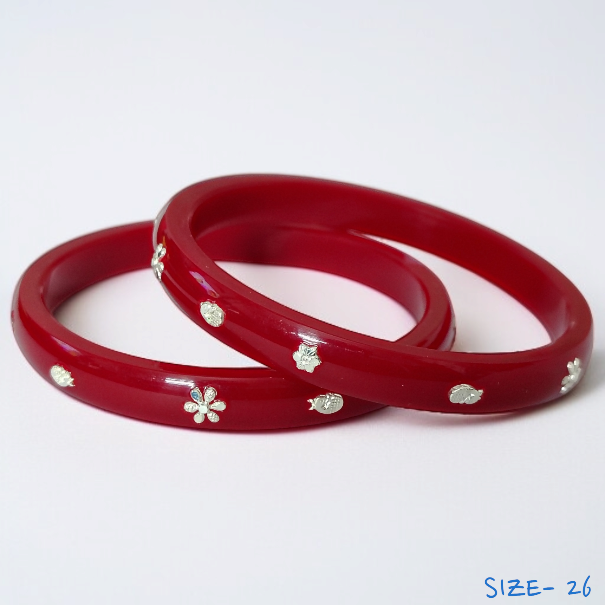 (SPB)  (SIZE- 26) RED PASTING DESIGN 925 ORIGINAL SILVER POLA BANGLES FOR WOMEN 1 PAIR - SOLD AS MRP BY RAJLAXMI.