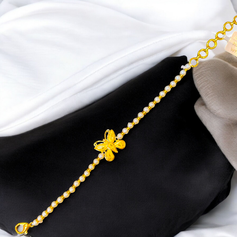 GOLD WRISTLET- BIS CERTIFIED HUID HALLMARK 916 22KT GOLD MOTI WRISTLET BUTTERFLY DESIGN 7 INCH (WGT: 0.370-0.400 GM APPROX) WITH PEARL CHAIN FOR WOMEN.