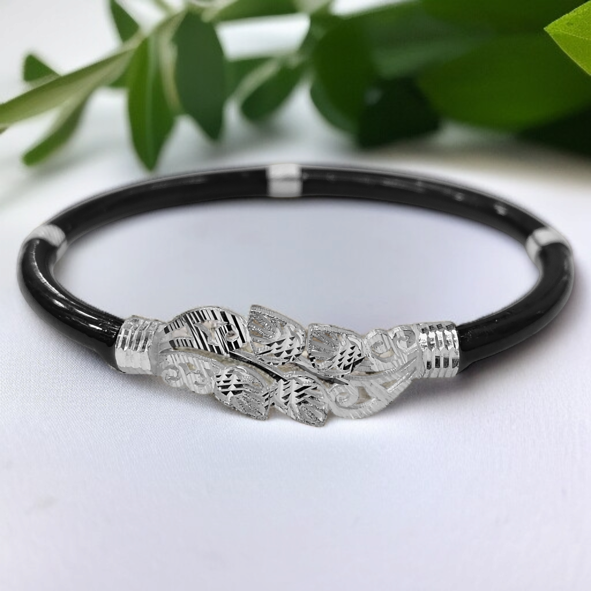 (SLNB) TRJ BLACK KOLKA DESIGN 925 ORIGINAL SILVER NOA BANGLES FOR WOMEN 1 PIECE - SOLD AS MRP BY RAJLAXMI.