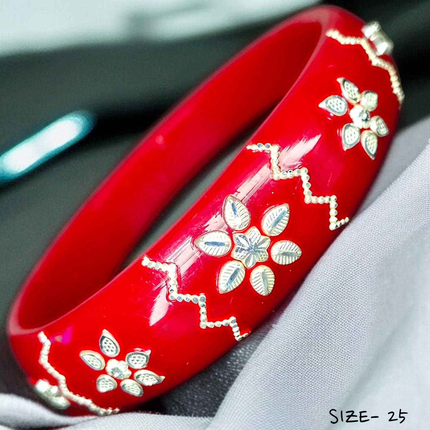 (SSP) (SIZE- 25) RED PASTING DESIGN 925 ORIGINAL SILVER POLA BANGLES FOR WOMEN 1 PC - SOLD AS MRP BY RAJLAXMI.