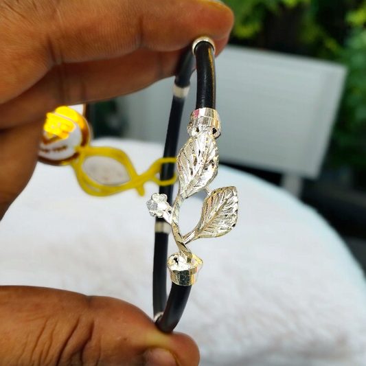 TRJ BLACK LEAF FLOWER DESIGN 925 ORIGINAL SILVER NOA BANGLES FOR WOMEN 1 PIECE - SOLD AS MRP BY RAJLAXMI.