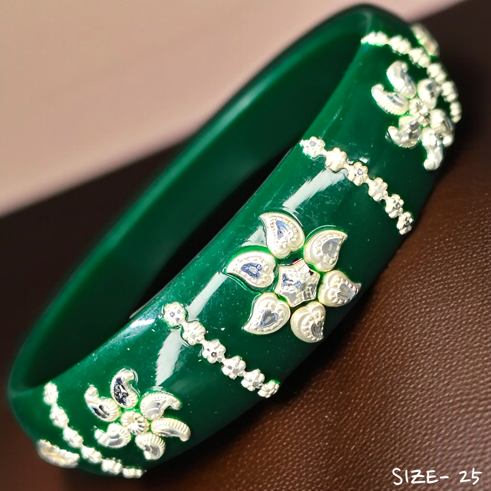 (SSP) (SIZE- 25) GREEN PASTING DESIGN 925 ORIGINAL SILVER POLA BANGLES FOR WOMEN 1 PC - SOLD AS MRP BY RAJLAXMI.