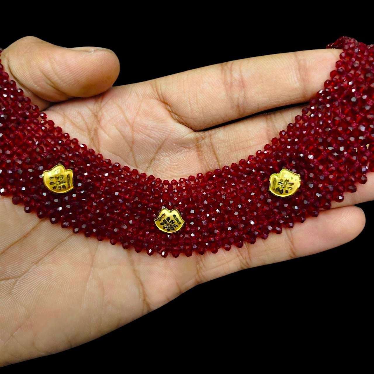 GOLD MOTI HAR- (WGT: 0.390 GM APPROX) HUID HALLMARK 375 9KT GOLD CRYSTAL CHATAI NECKLACE 1 PIECE WITH ADJUSTABLE TASSE.