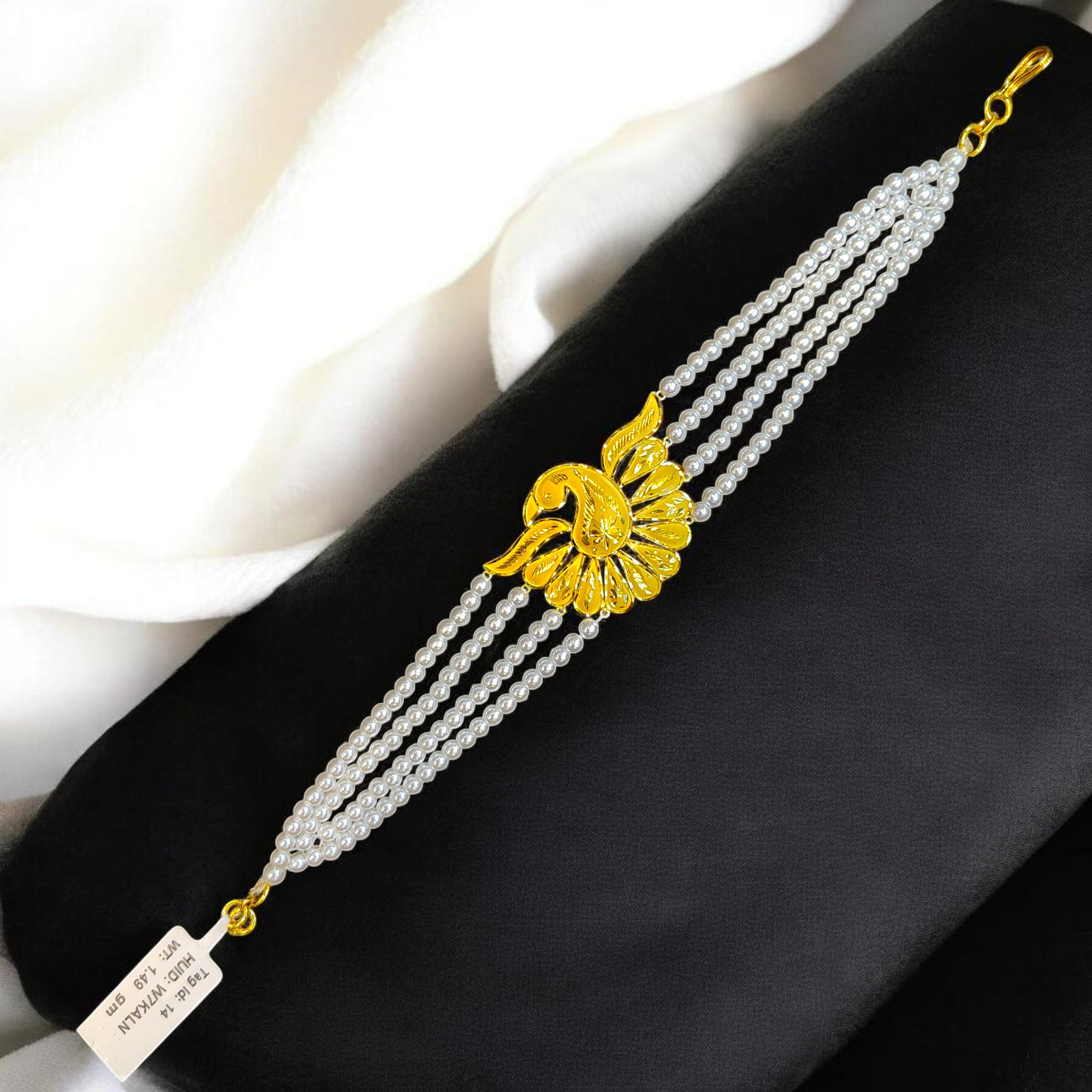 GOLD MANTASHA- RAJLAXMI WGT: 1.490 GM APPROX HUID HALLMARK 916 22KT GOLD MOTI MANTASHA WITH PEARL CHAIN FOR WOMEN.