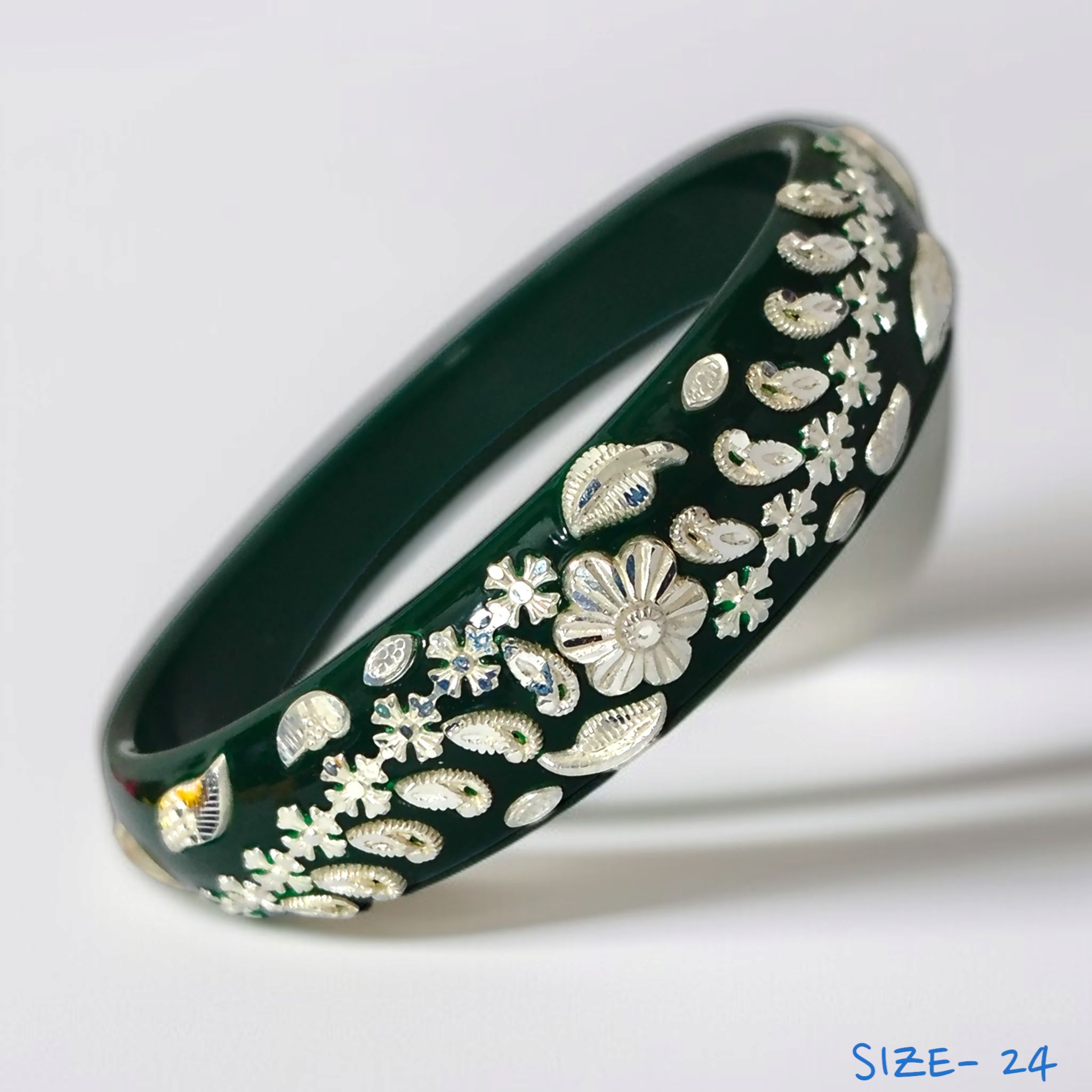 (SSP) (SIZE- 24) GREEN PASTING DESIGN 925 ORIGINAL SILVER POLA BANGLES FOR WOMEN 1 PC - SOLD AS MRP BY RAJLAXMI.