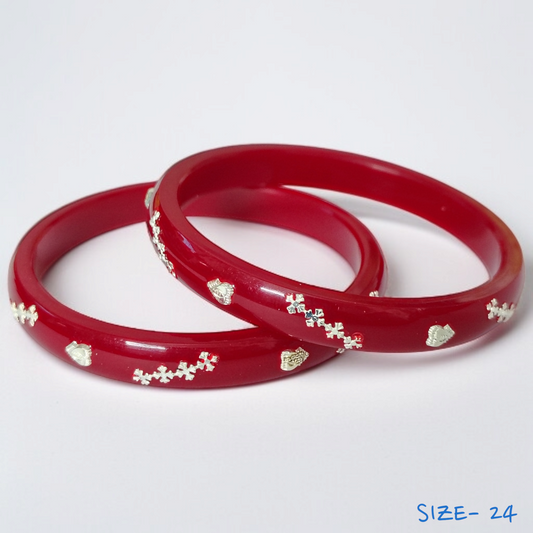 (SSP) (SIZE- 24) RED PASTING DESIGN 925 ORIGINAL SILVER POLA BANGLES FOR WOMEN 1 PAIR - SOLD AS MRP BY RAJLAXMI.