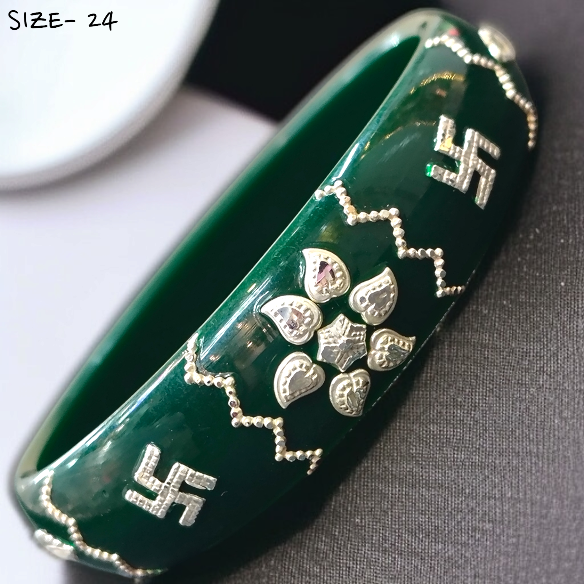 (SSP) (SIZE- 24) GREEN PASTING DESIGN 925 ORIGINAL SILVER POLA BANGLES FOR WOMEN 1 PC - SOLD AS MRP BY RAJLAXMI.