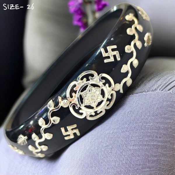 (SSP) (SIZE- 26) BLACK PASTING DESIGN 925 ORIGINAL SILVER POLA BANGLES FOR WOMEN 1 PC - SOLD AS MRP BY RAJLAXMI.