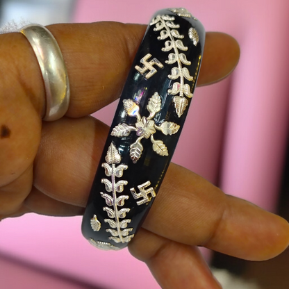 (SSP) (SIZE- 26) BLACK PASTING DESIGN 925 ORIGINAL SILVER POLA BANGLES FOR WOMEN 1 PC - SOLD AS MRP BY RAJLAXMI.