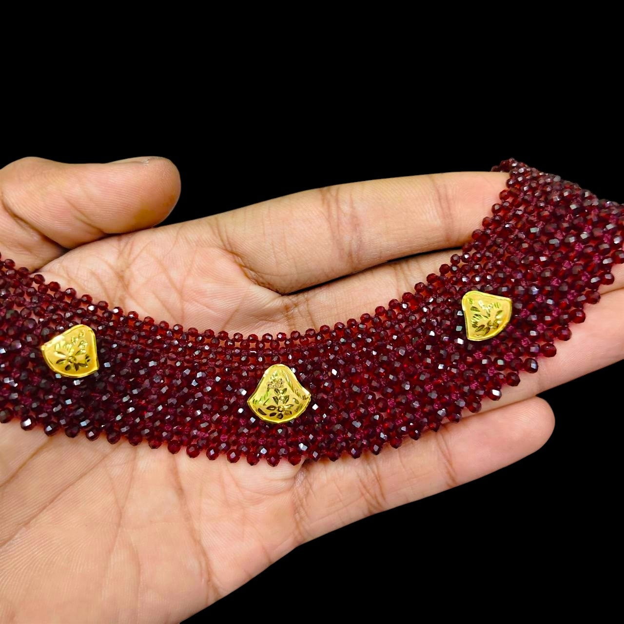 GOLD MOTI HAR- (WGT: 0.480 GM APPROX) HUID HALLMARK 375 9KT GOLD CRYSTAL CHATAI NECKLACE 1 PIECE WITH ADJUSTABLE TASSE.