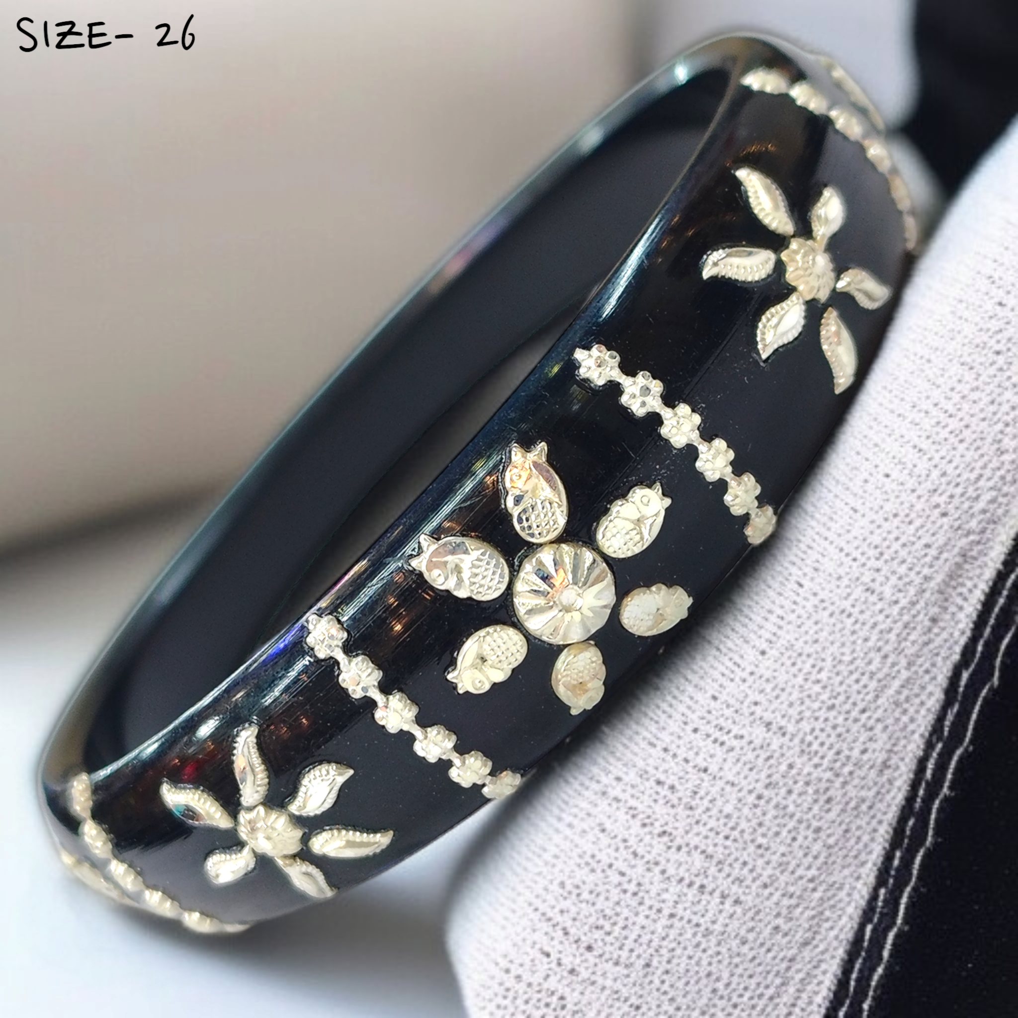 (SSP) (SIZE- 26) BLACK PASTING DESIGN 925 ORIGINAL SILVER POLA BANGLES FOR WOMEN 1 PC - SOLD AS MRP BY RAJLAXMI.