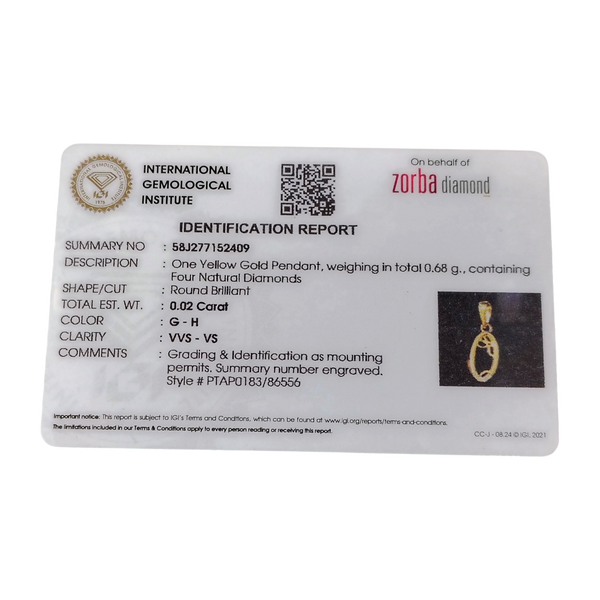 RAJLAXMI DIAMOND JEWELLERY - WGT: 0.680 GM - NATURAL DIAMOND (0.02 CENT) HUID HALLMARK 18KT DIAMOND PENDANT LOCKET FOR WOMEN WITH CERTIFICATE OF AUTHENTICITY BY ZORBA (DESIGN NO: PTAP0183) *CHAIN NOT INCLUDED.