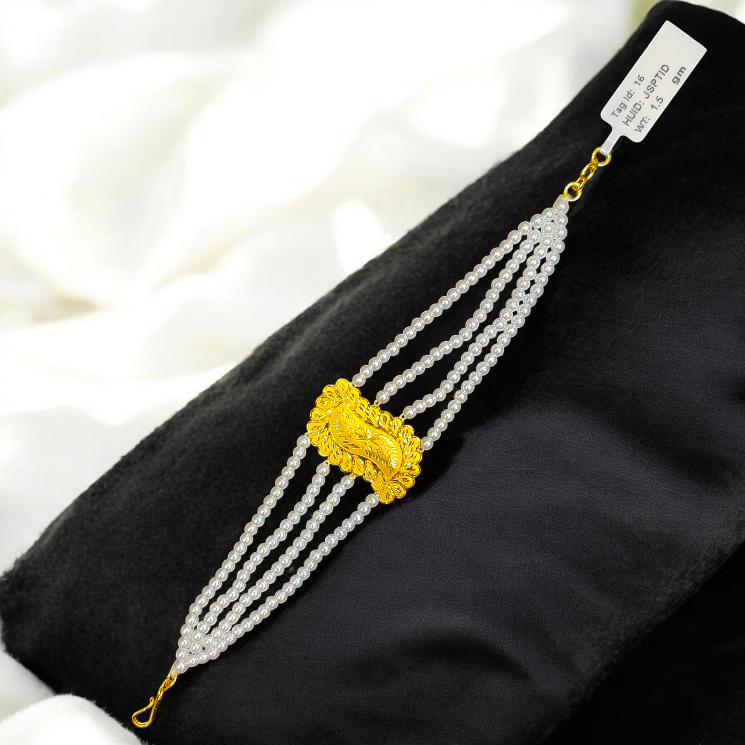 GOLD MANTASHA- RAJLAXMI WGT: 1.500 GM APPROX HUID HALLMARK 916 22KT GOLD MOTI MANTASHA WITH PEARL CHAIN FOR WOMEN.