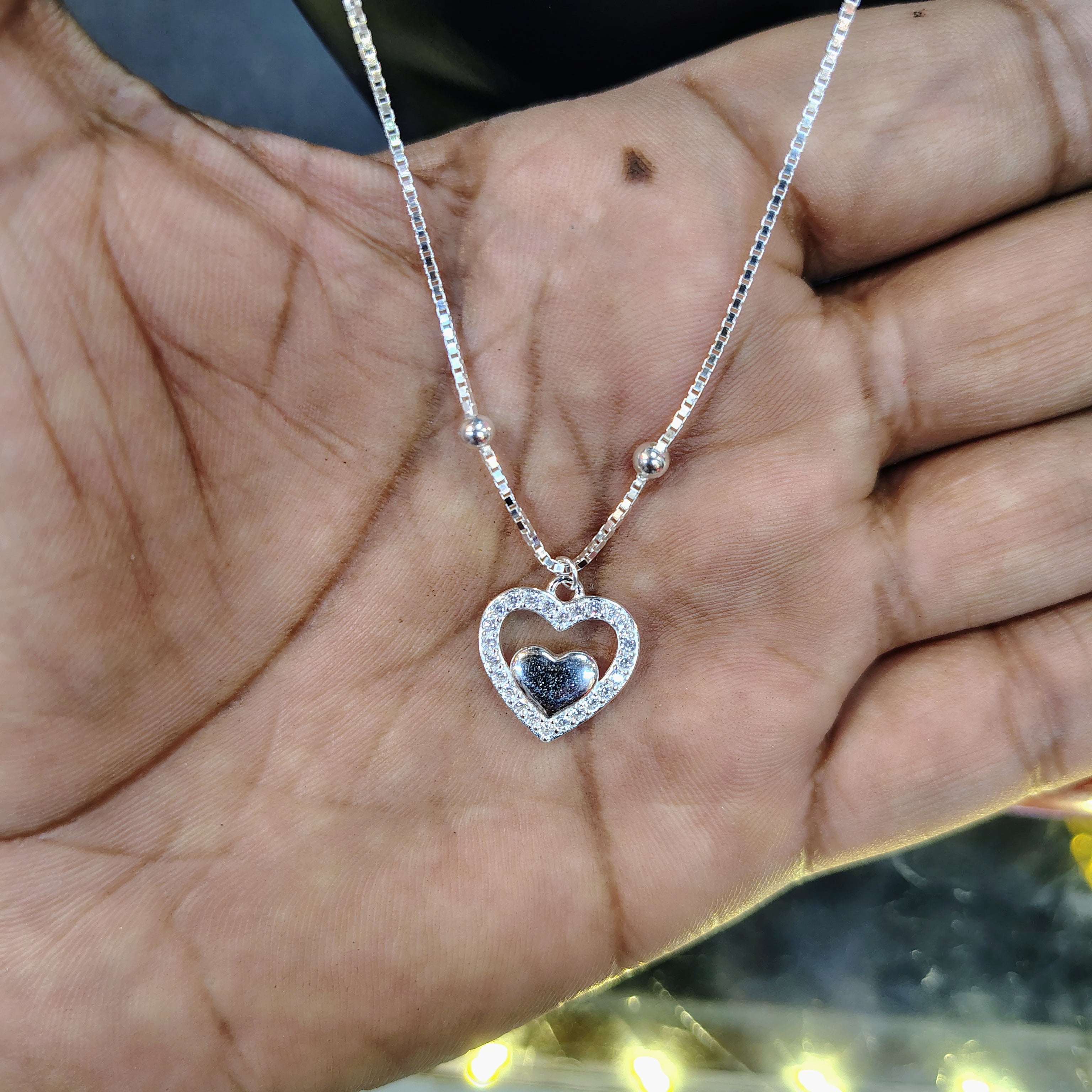 (JIVA COLLECTION) CERTIFIED BIS HALLMARK 925 STERLING SILVER CHAIN 18 INCH WITH STUDDED HEART PENDANT - BANKOK IMPORTED (SOLD ON MRP)