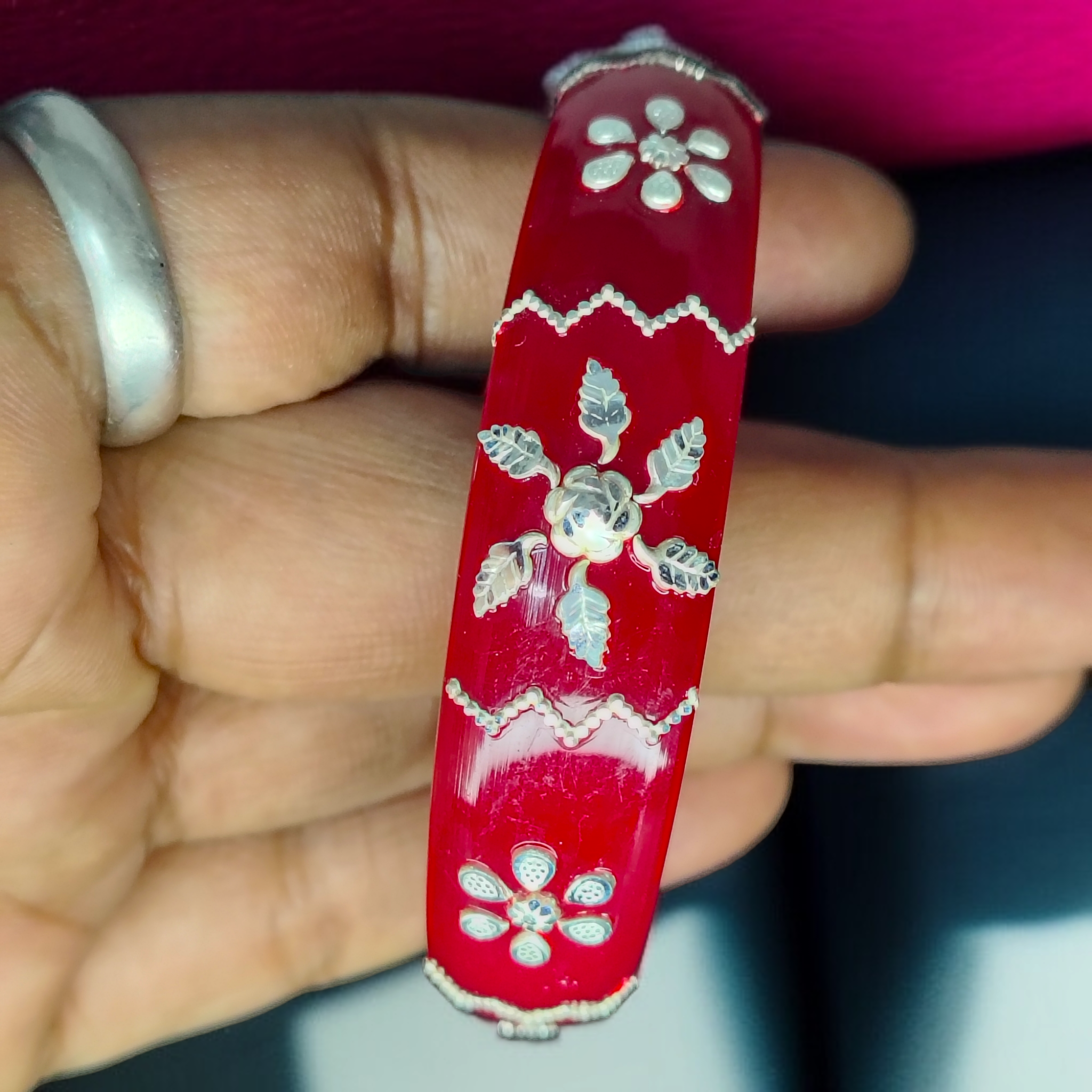 (SSP) (SIZE- 26) RED PASTING DESIGN 925 ORIGINAL SILVER POLA BANGLES FOR WOMEN 1 PC - SOLD AS MRP BY RAJLAXMI.