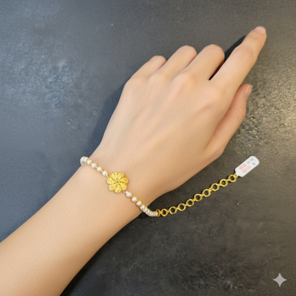 (GMW) RAJLAXMI BIS CERTIFIED HUID HALLMARK 916 22KT GOLD WRISTLET WITH PEARL CHAIN FOR WOMEN.