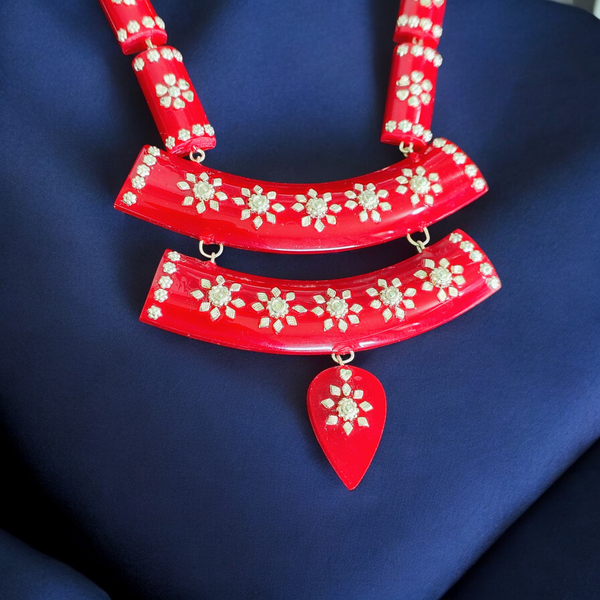 RED LUXURY SILVER NECKLACE- CERTIFIED HALLMARK 925 SILVER POLA SITAHAR WITH EARRINGS APPROX WGT: 8.00 GM (1 PIECE) WITH TASSEL FOR BEAUTIFUL WOMEN (GET ANY DESIGN AS PER STOCK).