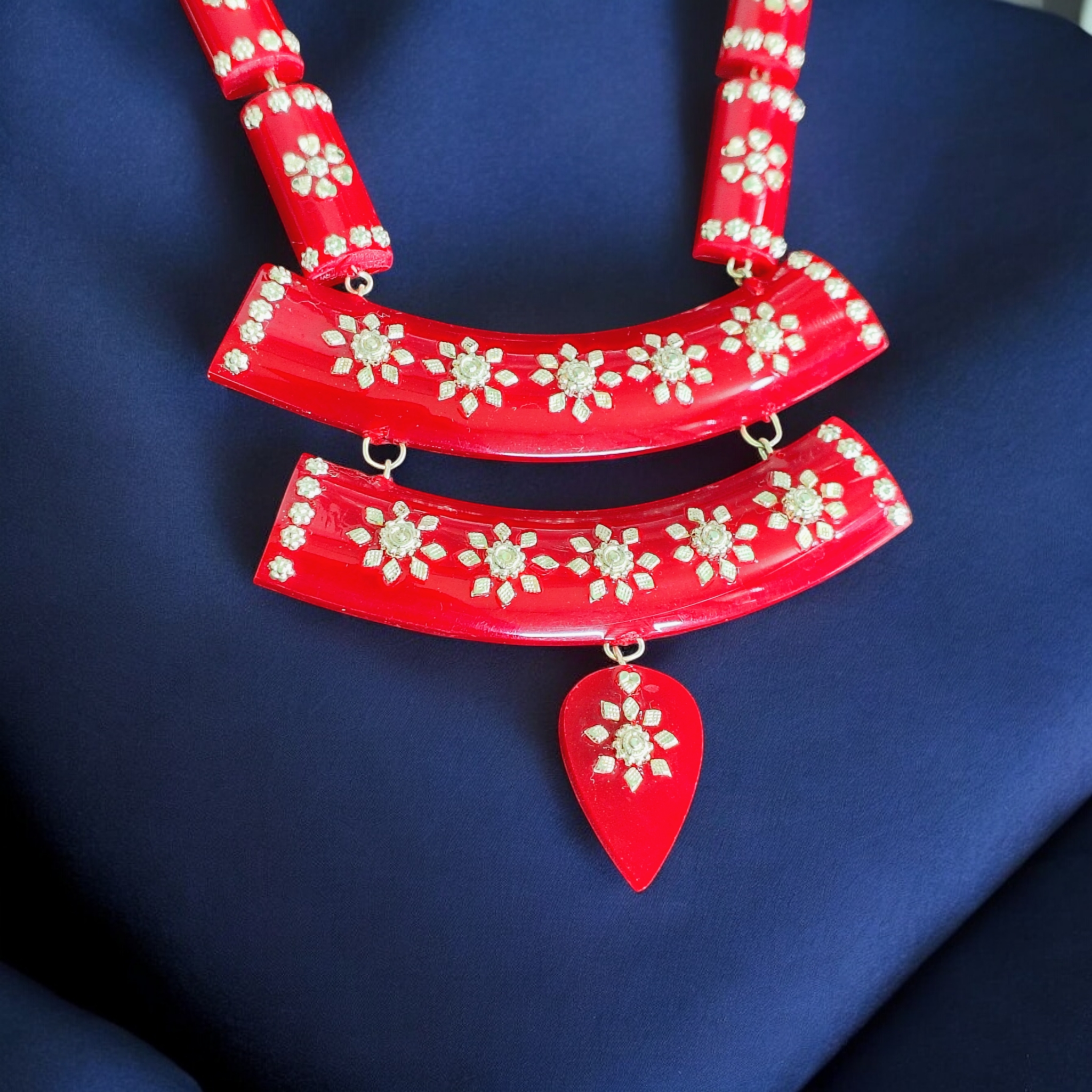 RED SILVER NECKLACE- CERTIFIED HALLMARK 925 SILVER POLA SITAHAR WITH EARRINGS APPROX WGT: 8.00 GM (1 PIECE) WITH TASSEL FOR BEAUTIFUL WOMEN (GET ANY DESIGN AS PER STOCK).
