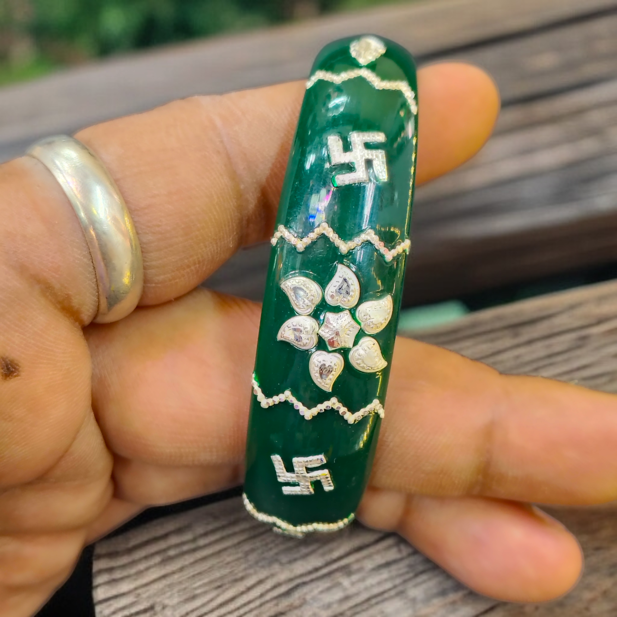 (SSP) (SIZE- 24) GREEN PASTING DESIGN 925 ORIGINAL SILVER POLA BANGLES FOR WOMEN 1 PC - SOLD AS MRP BY RAJLAXMI.