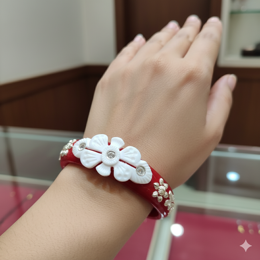 (TSP) (SIZE- 28) 925 ORIGINAL SILVER TILOTTAMA POLA SAKHA BADHANO BANGLES(RED COLOUR)FOR WOMEN 1 PIECE -(SOLD ON MRP).