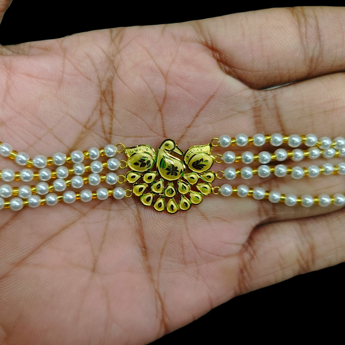 GOLD MANTASHA- (5ADR36)-(WGT: 0.750 GM APPROX) BIS CERTIFIED HUID HALLMARK 375 9KT GOLD MOTI MANTASHA WITH PEARL CHAIN FOR WOMEN.