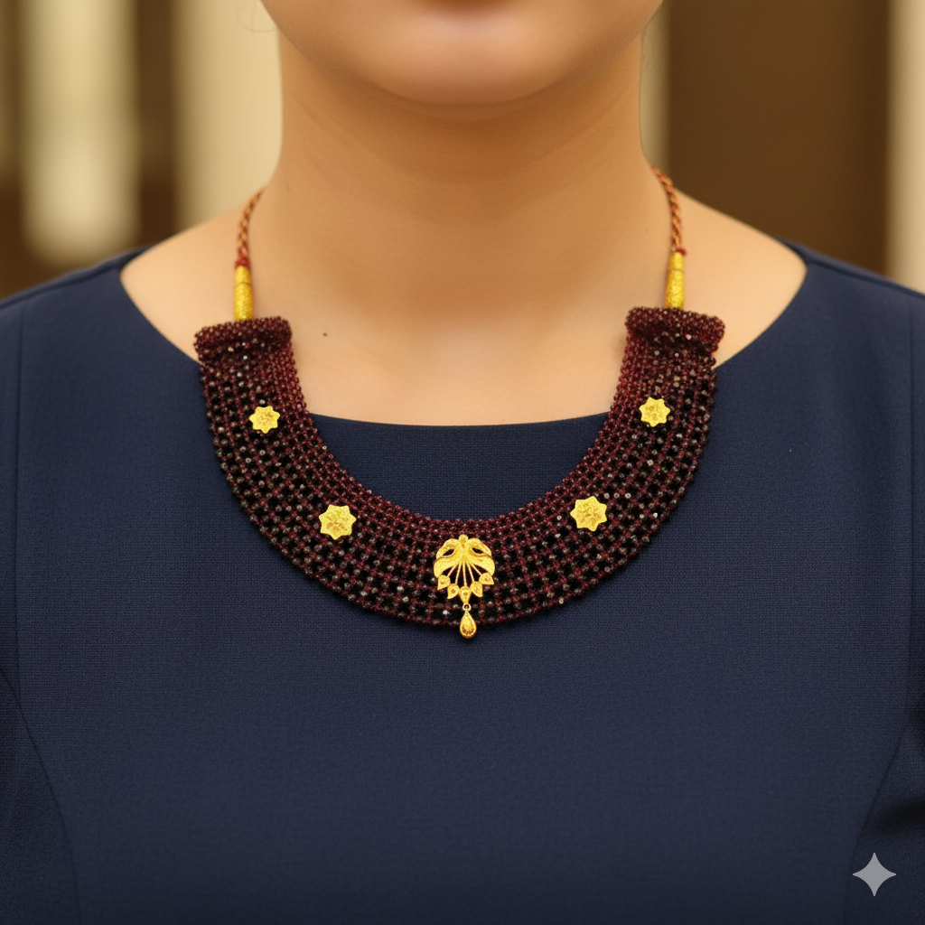 (GSH) TRJ WGT: 1.630 GM APPROX 22KT HUID HALLMARK GOLD CRYSTAL CHATAI NECKLACE 1 PIECE WITH ADJUSTABLE TASSEL.