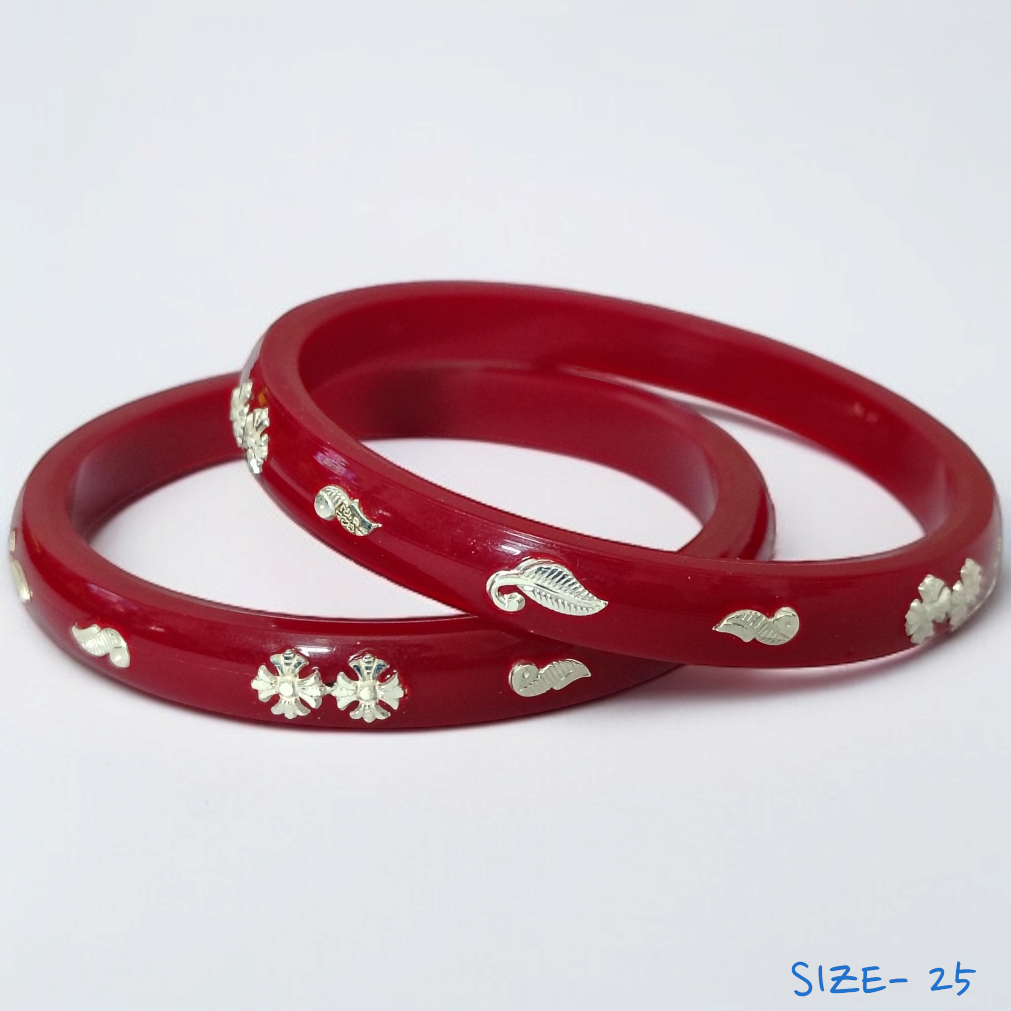 (SSP) (SIZE- 25) RED PASTING DESIGN 925 ORIGINAL SILVER POLA BANGLES FOR WOMEN 1 PAIR - SOLD AS MRP BY RAJLAXMI.