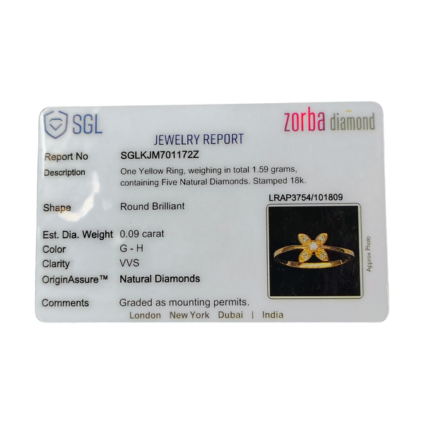 RAJLAXMI DIAMOND JEWELLERY (SIZE:12) - WGT: 1.590 GM - NATURAL DIAMOND (0.09 CENT) HUID HALLMARK 18KT DIAMOND FINGER RING FOR WOMEN WITH CERTIFICATE OF AUTHENTICITY BY ZORBA (DESIGN NO: LRAP3754).