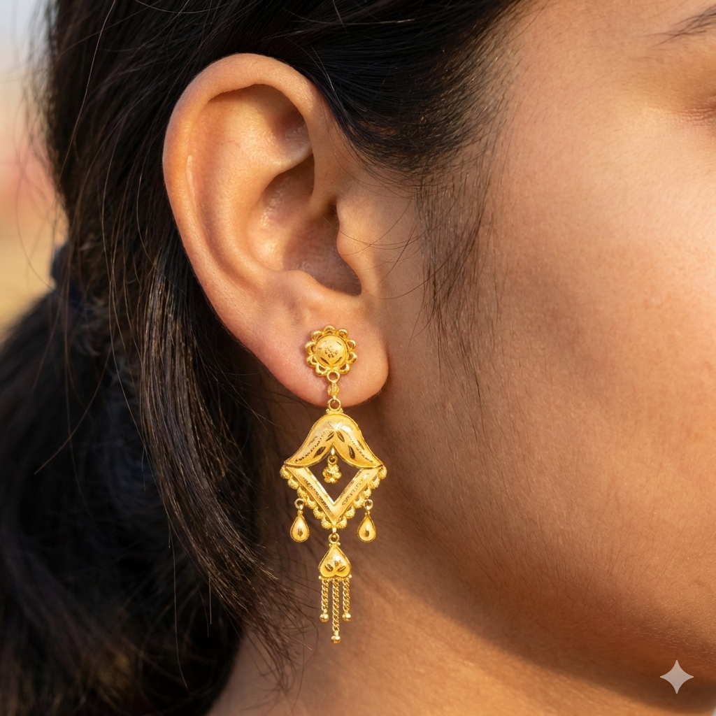 (GER22) BIS CERTIFIED WGT: 4.250 GM APPROX HUID HALLMARK 916 22KT GOLD EARRINGS KANBALA 1 PAIR FOR WOMEN.