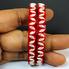 (GREAT FREEDOM SALE) RED COOKRY DESIGN 925 ORIGINAL SILVER POLA BANGLES FOR WOMEN 1 PAIR - SOLD AS MRP BY RAJLAXMI.