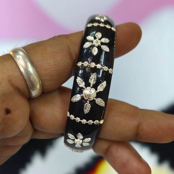 (SSP) (SIZE- 26) BLACK PASTING DESIGN 925 ORIGINAL SILVER POLA BANGLES FOR WOMEN 1 PC - SOLD AS MRP BY RAJLAXMI.