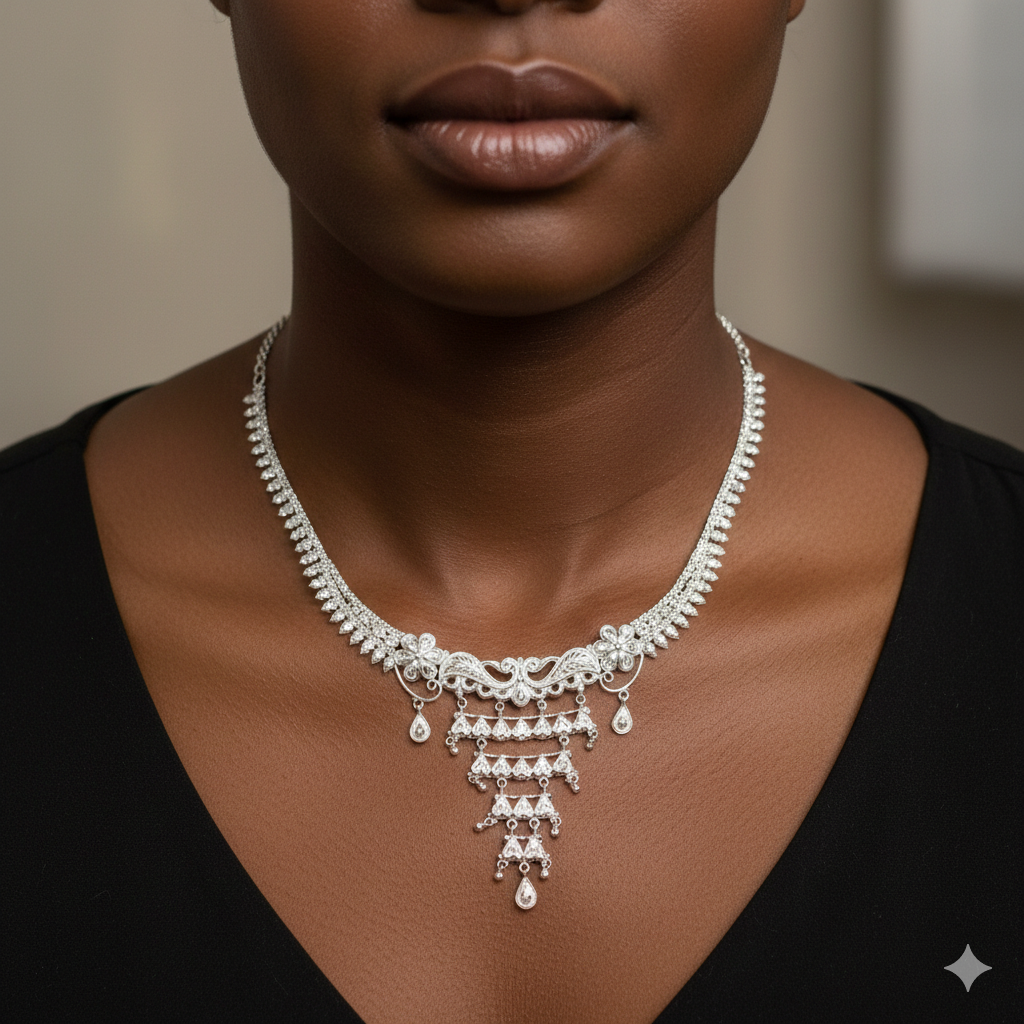 SILVER NECKLACE- CERTIFIED HALLMARK 925 SILVER NECKLACE APPROX WGT: 14.400 GM (1 PIECE) WITH TASSEL FOR BEAUTIFUL WOMEN.