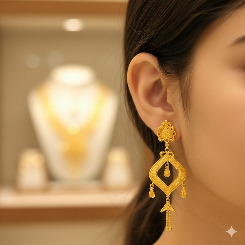 GOLD EARRINGS- BIS CERTIFIED WGT: 3.920 GM APPROX HUID HALLMARK 916 22KT GOLD EARRINGS KANBALA 1 PAIR FOR WOMEN.