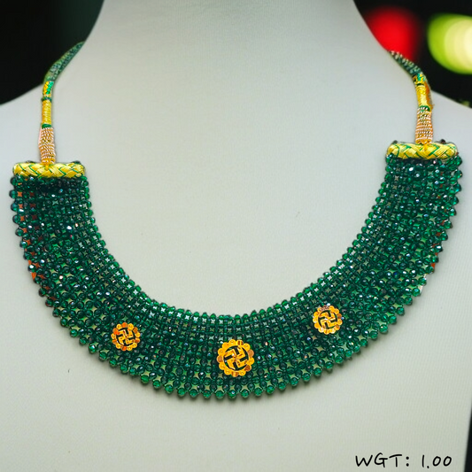 TRJ WGT: 1.00 GM APPROX 22KT HUID HALLMARK GOLD CRYSTAL CHATAI NECKLACE 1 PIECE WITH ADJUSTABLE TASSEL.