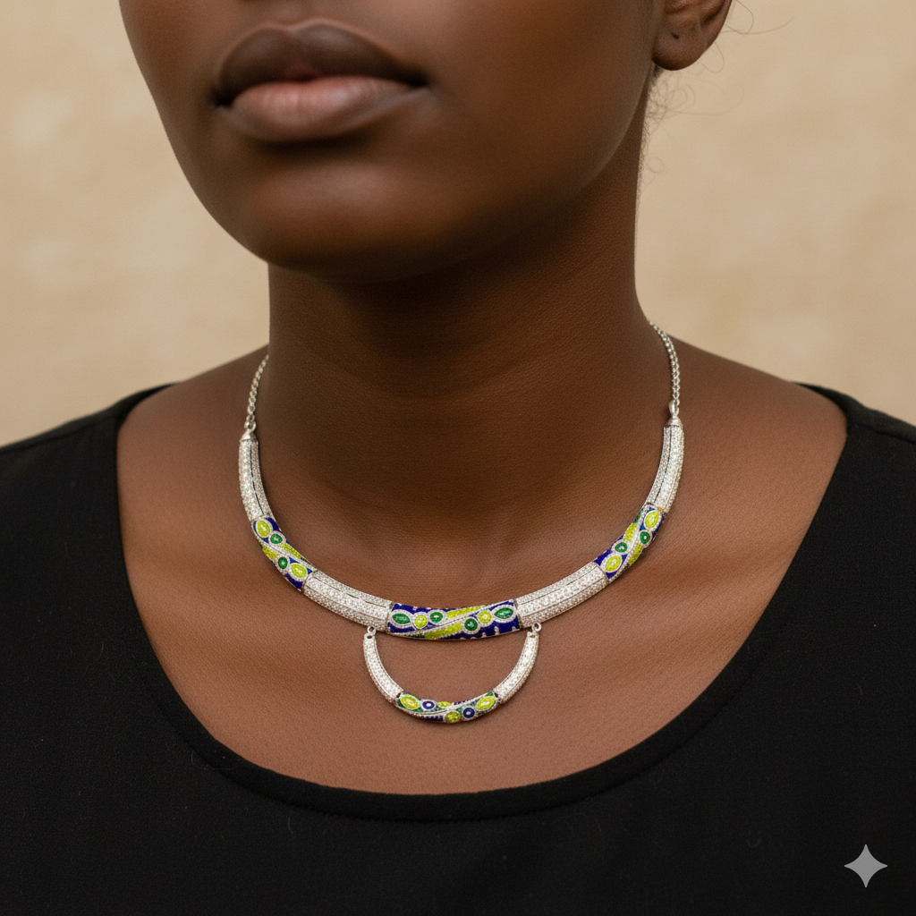 SILVER NECKLACE- CERTIFIED HALLMARK 925 SILVER HASULI NECKLACE 1 PIECE WITH EARRINGS (MINAKARI MANIPUR DESIGN) APPROX WGT: 48.090 GM (1 PIECE) FOR BEAUTIFUL WOMEN.