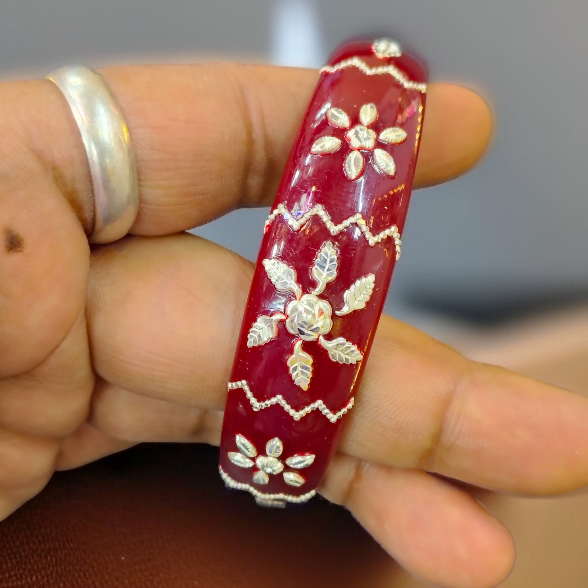 (SSP) (SIZE- 25) MAROON PASTING DESIGN 925 ORIGINAL SILVER POLA BANGLES FOR WOMEN 1 PC - SOLD AS MRP BY RAJLAXMI.
