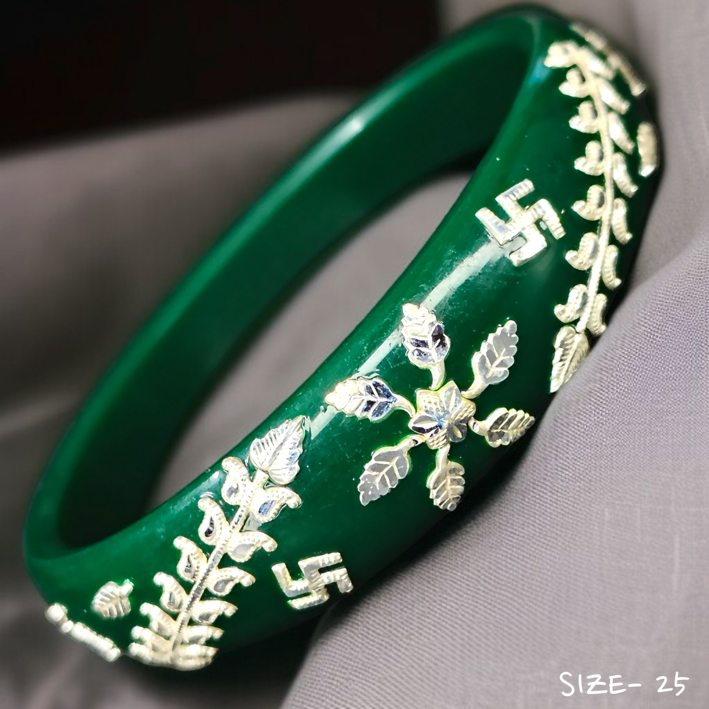 (SSP) (SIZE- 25) GREEN PASTING DESIGN 925 ORIGINAL SILVER POLA BANGLES FOR WOMEN 1 PC - SOLD AS MRP BY RAJLAXMI.
