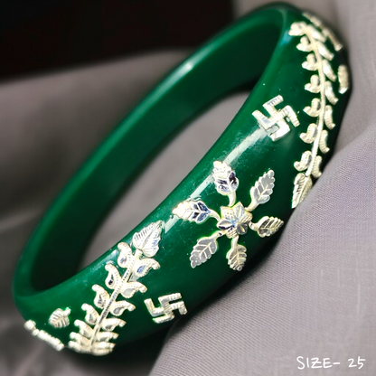 (SSP) (SIZE- 25) GREEN PASTING DESIGN 925 ORIGINAL SILVER POLA BANGLES FOR WOMEN 1 PC - SOLD AS MRP BY RAJLAXMI.