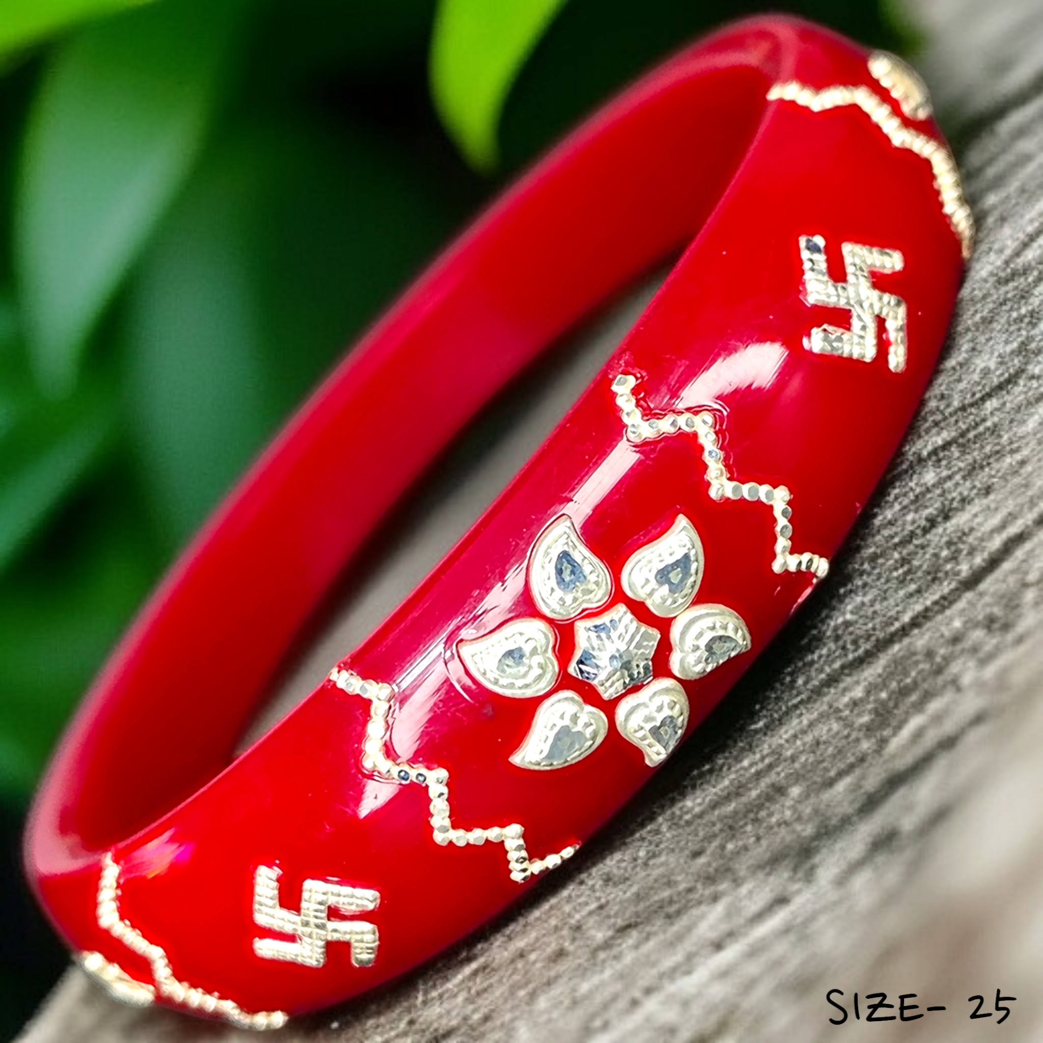 (SSP) (SIZE- 25) RED PASTING DESIGN 925 ORIGINAL SILVER POLA BANGLES FOR WOMEN 1 PC - SOLD AS MRP BY RAJLAXMI.