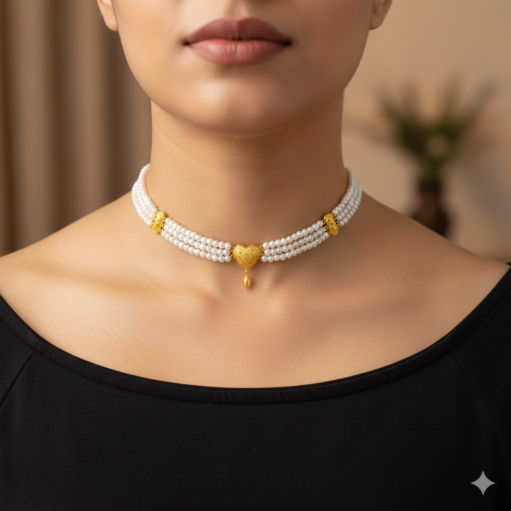PEARL CHOKER- CERTIFIED BIS HUID HALLMARK 916 22KT GOLD MOTI CHOKER 1 PIECE (WGT: 0.800 GM) WITH ADJUSTABLE TASSEL FOR GIFT IN MARRIAGE.