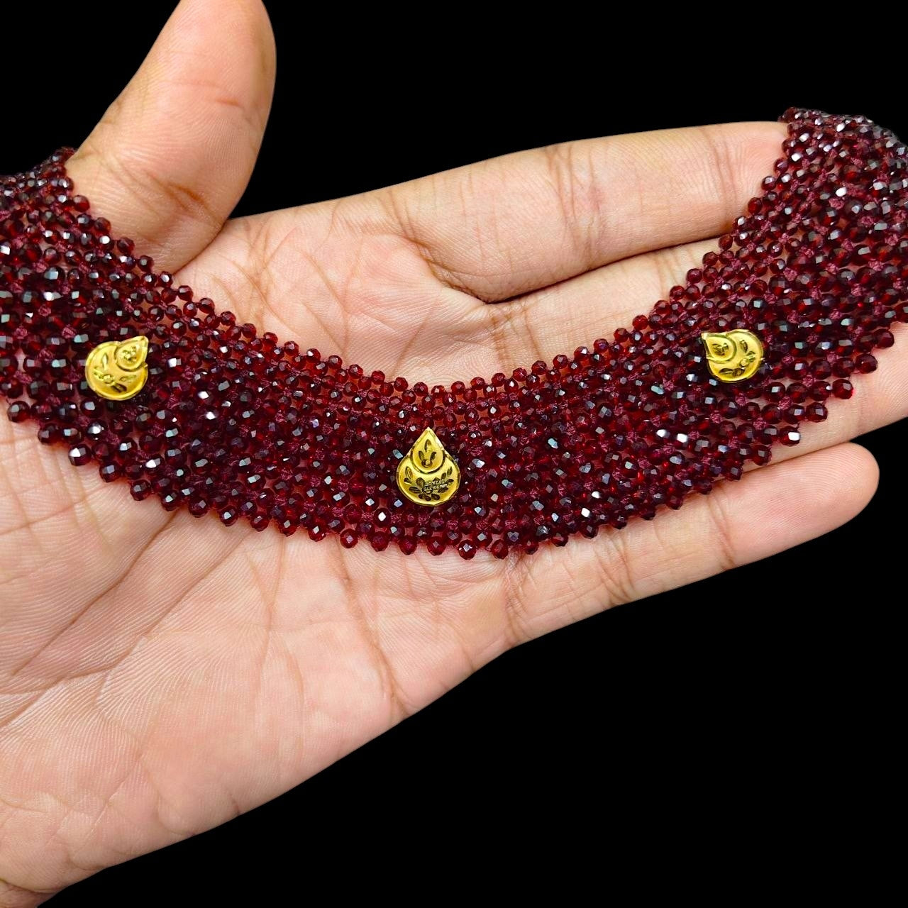 GOLD MOTI HAR- (WGT: 0.410 GM APPROX) HUID HALLMARK 375 9KT GOLD CRYSTAL CHATAI NECKLACE 1 PIECE WITH ADJUSTABLE TASSE.