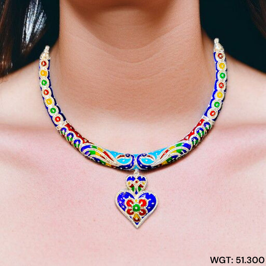 FESTIVE SILVER OFFER (PREMIUM JEWELLERY) CERTIFIED HALLMARK 925 SILVER HASULI NECKLACE 1 PIECE WITH EARRINGS (MINAKARI MANIPUR DESIGN) APPROX WGT: 51.300 GM (1 PIECE) FOR BEAUTIFUL WOMEN.