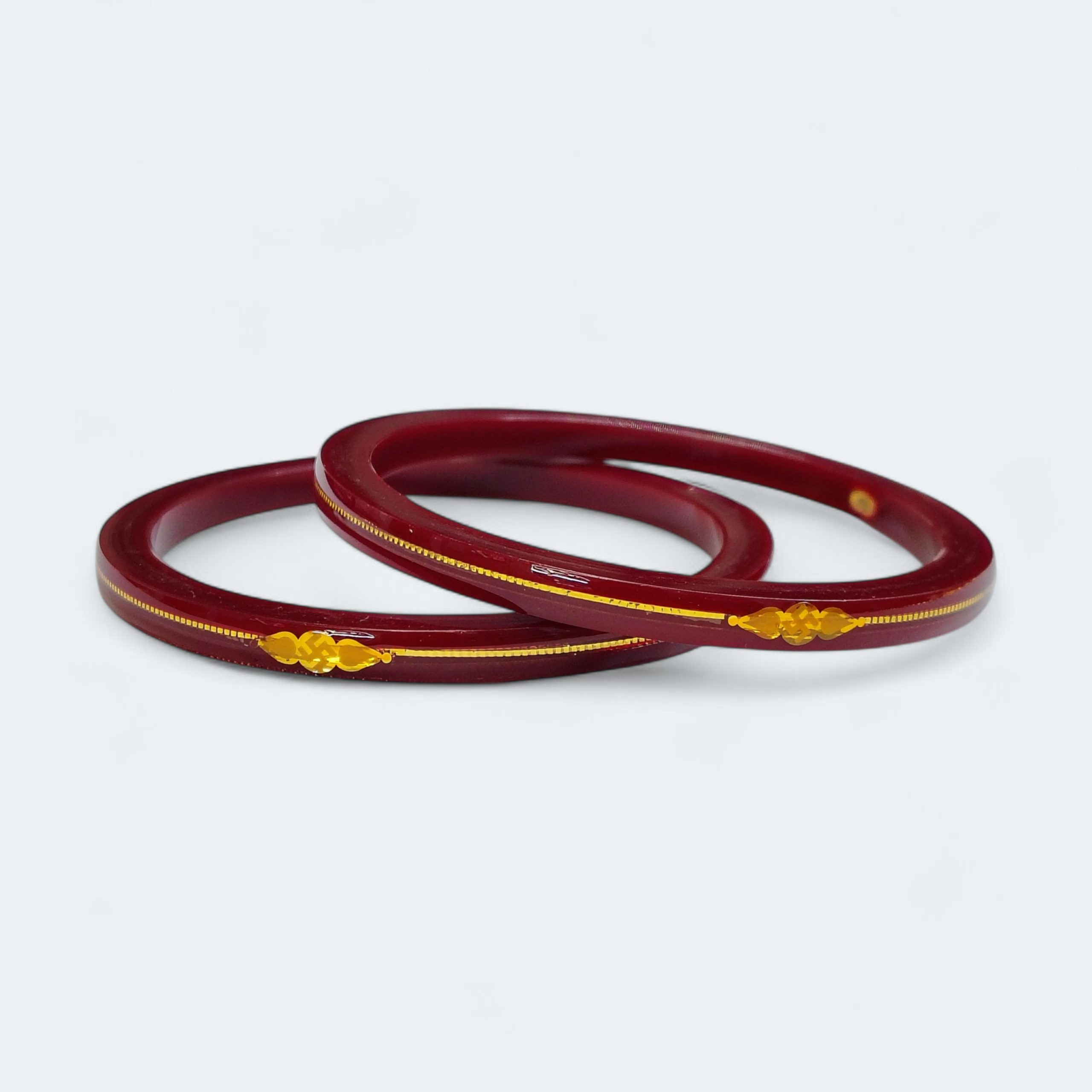 (FVP) TRJ MAROON SWASTIK 3 SIDE HALLMARK 916 22KT GOLD LAMINATION POLA BANGLES FACEBOOK VIRAL POLA 1 PAIR APPROX. WGT: 0.200 GM (FUTURE EXCHANGE VALUE  RS 1000) WITH ANY JEWELLERY FOR LIFETIME.