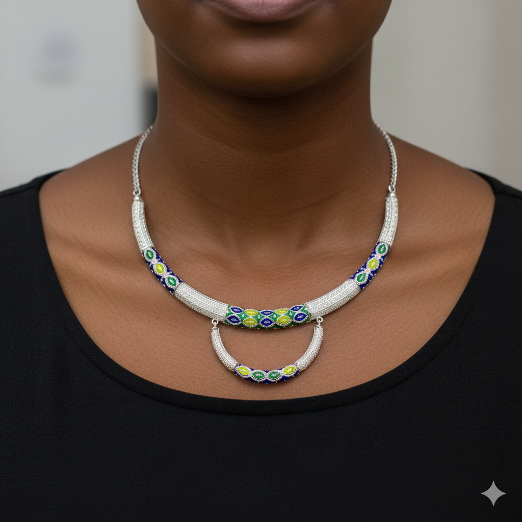 SILVER NECKLACE- CERTIFIED HALLMARK 925 SILVER HASULI NECKLACE 1 PIECE WITH EARRINGS (MINAKARI MANIPUR DESIGN) APPROX WGT: 44.890 GM (1 PIECE) FOR BEAUTIFUL WOMEN.